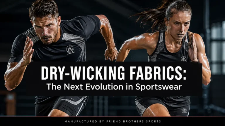 Graphic banner titled "DRY-WICKING FABRICS: The Next Evolution in Sportswear" by Friend Brothers Sports with athletes training