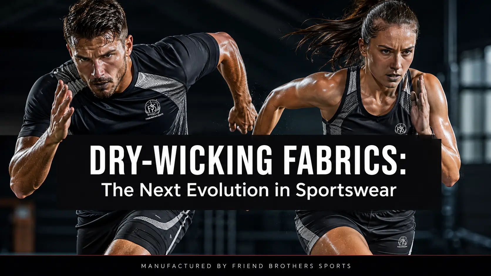 Graphic banner titled "DRY-WICKING FABRICS: The Next Evolution in Sportswear" by Friend Brothers Sports with athletes training