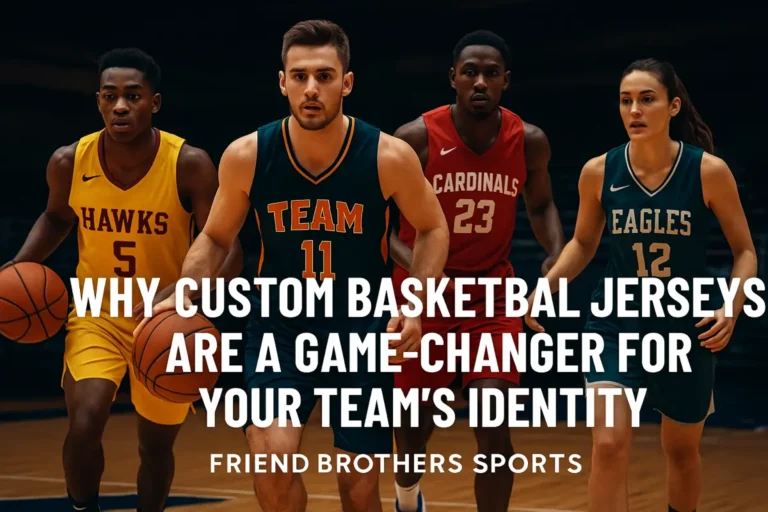 Four basketball players wearing custom jerseys with text "Why Custom Basketball Jerseys Are A Game-Changer For Your Team's Identity