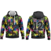 Front view of a custom team hoodie with logo branding