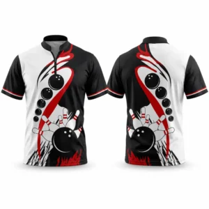 Black white and red custom bowling shirt shown from the front and back
