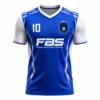 Royal blue and white custom football jersey with team logo and personalized player name manufactured by Friend Brothers Sports