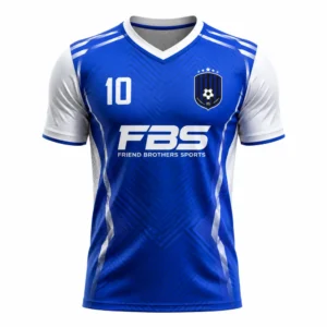Royal blue and white custom football jersey with team logo and personalized player name manufactured by Friend Brothers Sports