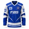 Custom ice hockey shirt in royal blue and white with personalized team logo manufactured by Friend Brothers Sports
