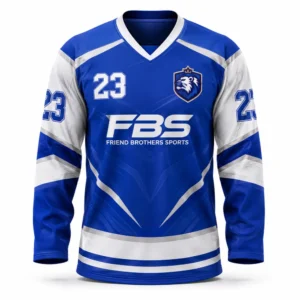 Custom ice hockey shirt in royal blue and white with personalized team logo manufactured by Friend Brothers Sports