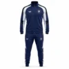 Custom sports tracksuit front view with navy, white and orange team branding