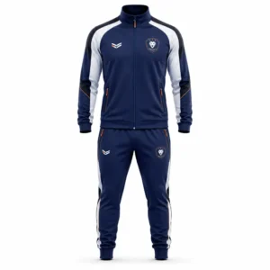 Custom sports tracksuit front view with navy, white and orange team branding