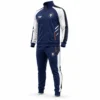 Custom tracksuit three-quarter view showing jacket panels, pockets and matching pants