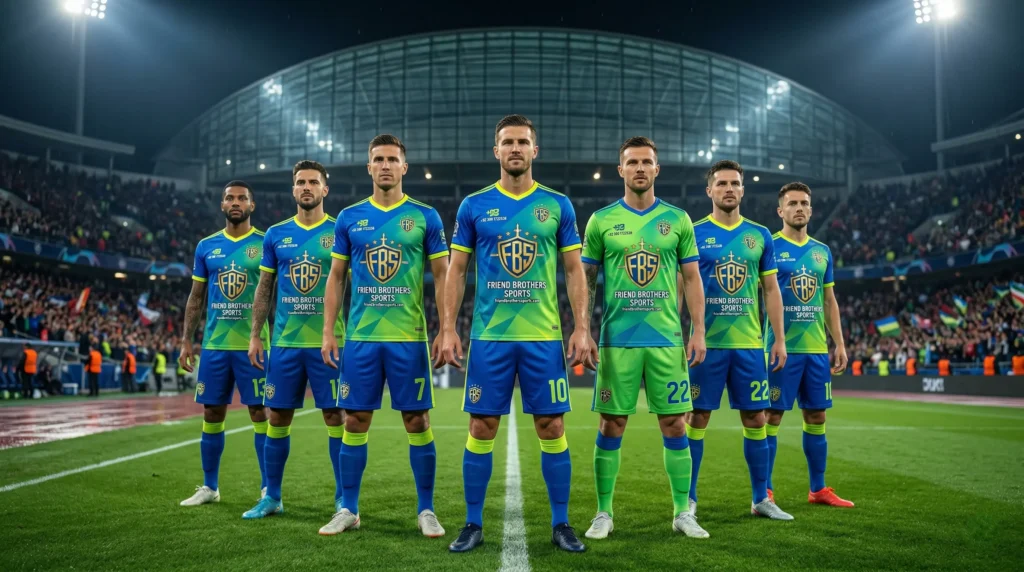 Custom football team wearing fully designed jerseys in a stadium