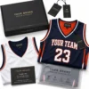 Private-label reversible basketball jersey with custom neck label and branded packaging.
