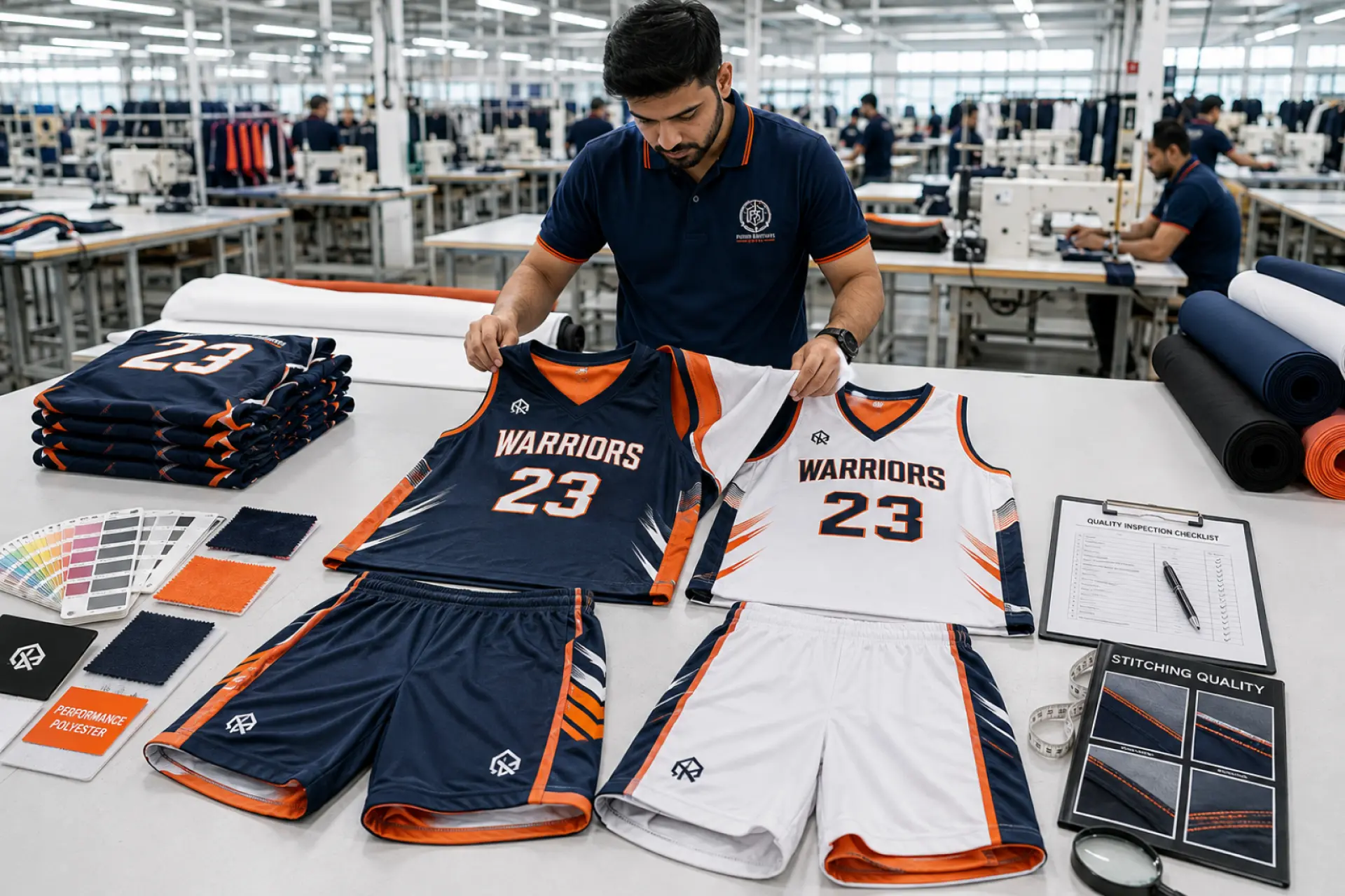 Quality inspection of custom reversible basketball uniforms during production at Friend Brothers Sports manufacturing facility.