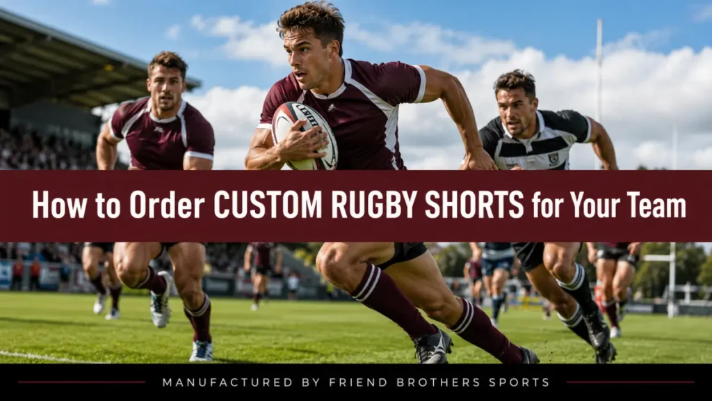 Graphic reading "How to Order CUSTOM RUGBY SHORTS for Your Team" by Friend Brothers Sports over a photo of rugby players.