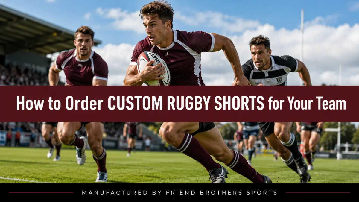 Graphic reading "How to Order CUSTOM RUGBY SHORTS for Your Team" by Friend Brothers Sports over a photo of rugby players.