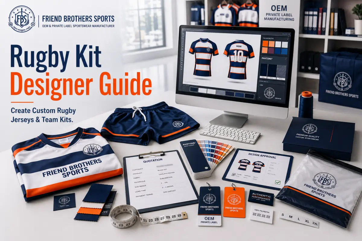 Rugby kit designer guide showing custom rugby jerseys, shirts, shorts, team branding, and OEM manufacturing support by Friend Brothers Sports.