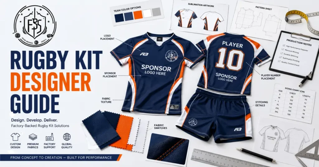 Rugby kit designer guide showing custom rugby jerseys, shirts, shorts, logos, colors, and team uniform design support by FBS