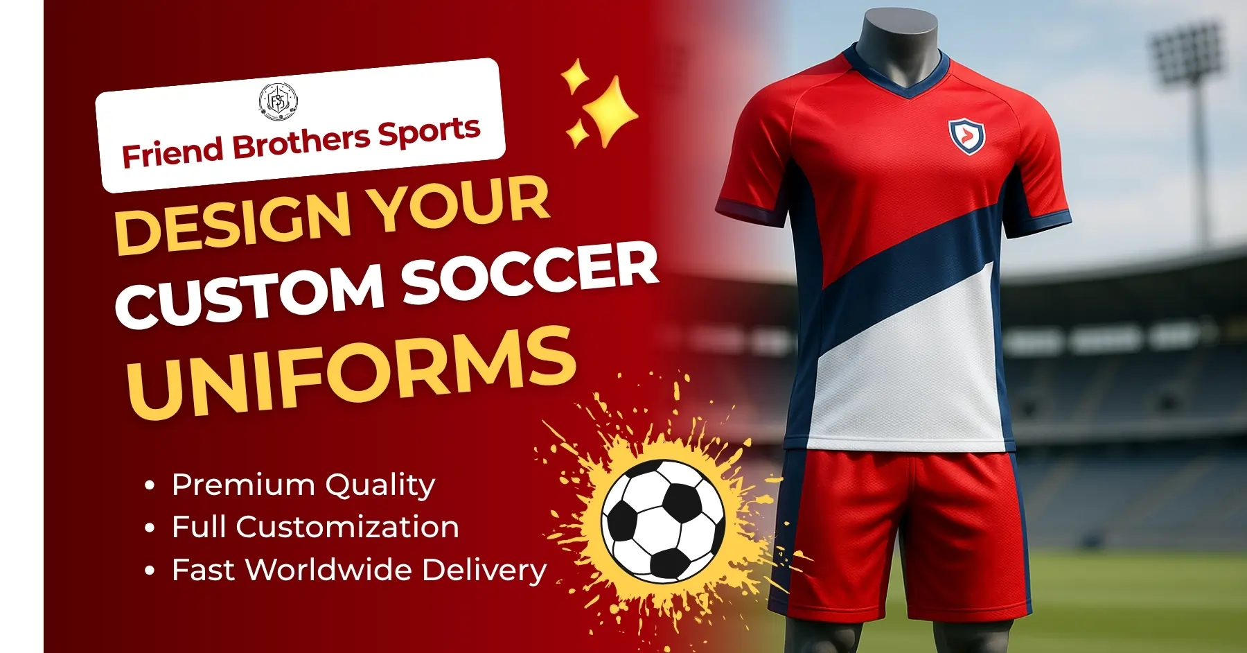 Custom soccer uniforms including jersey, shorts, and socks in vibrant team colors with logo, displayed on a mannequin on a soccer field, showcasing premium quality and full customization for teams.