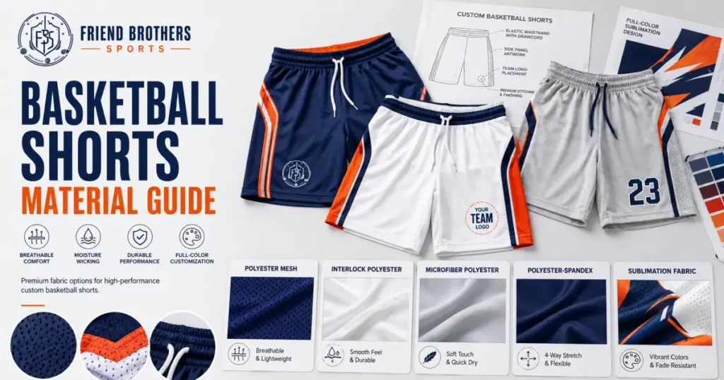 Basketball shorts material guide showing polyester mesh, interlock polyester, microfiber polyester, polyester-spandex, and sublimation fabric for custom team shorts by FBS