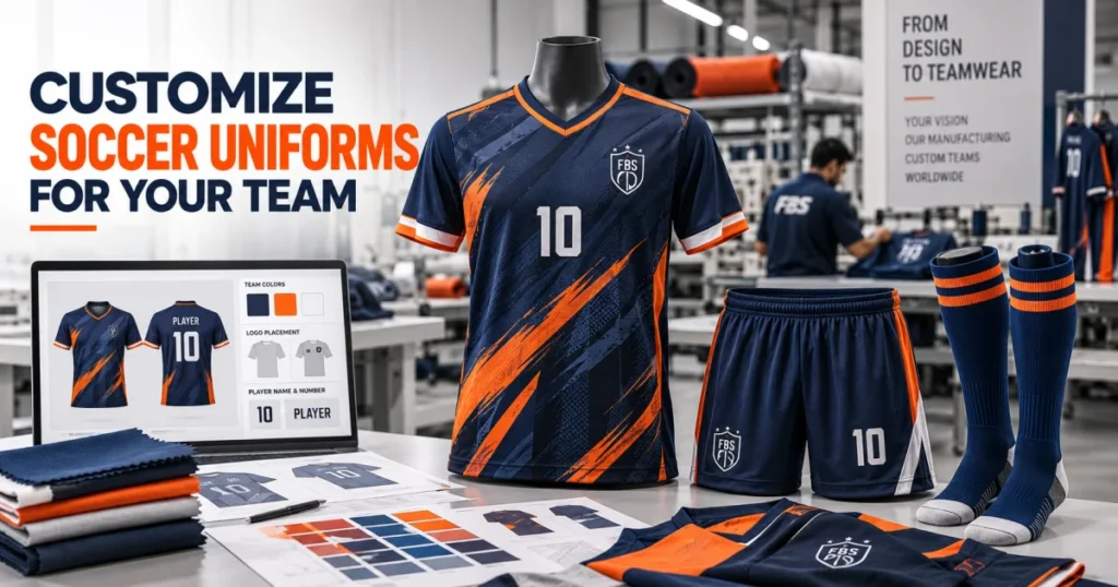 Custom soccer uniforms for teams showing jersey, shorts, socks, team colors and personalized design options by Friend Brothers Sports