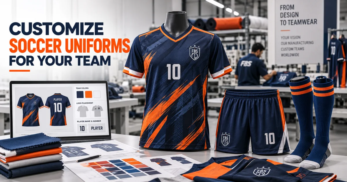 Custom soccer uniforms for teams showing jersey, shorts, socks, team colors and personalized design options by Friend Brothers Sports