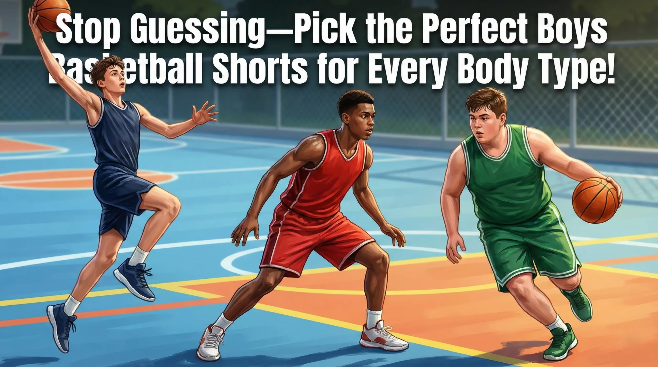 Three boys playing basketball on a court, each wearing basketball shorts suited to their body type, slim, athletic, and bigger build, with clear focus on shorts fit and flexibility.