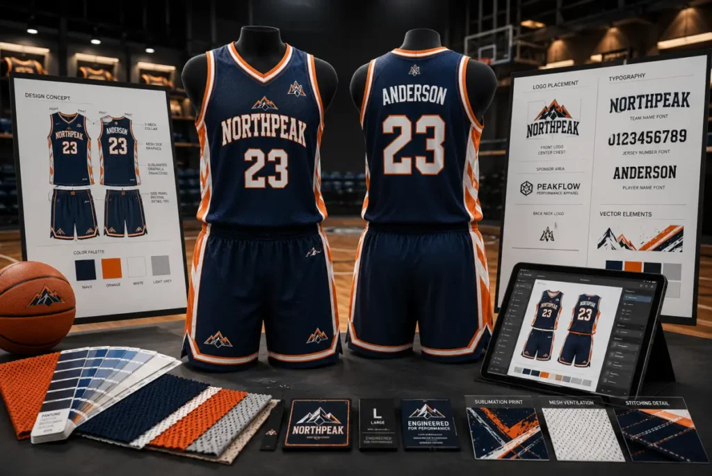 Custom basketball jersey design with team logo player name number and matching shorts