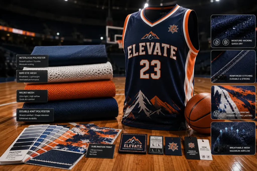 Performance polyester, breathable mesh, and moisture-wicking fabrics used in premium custom basketball jerseys manufactured by Friend Brothers Sports.