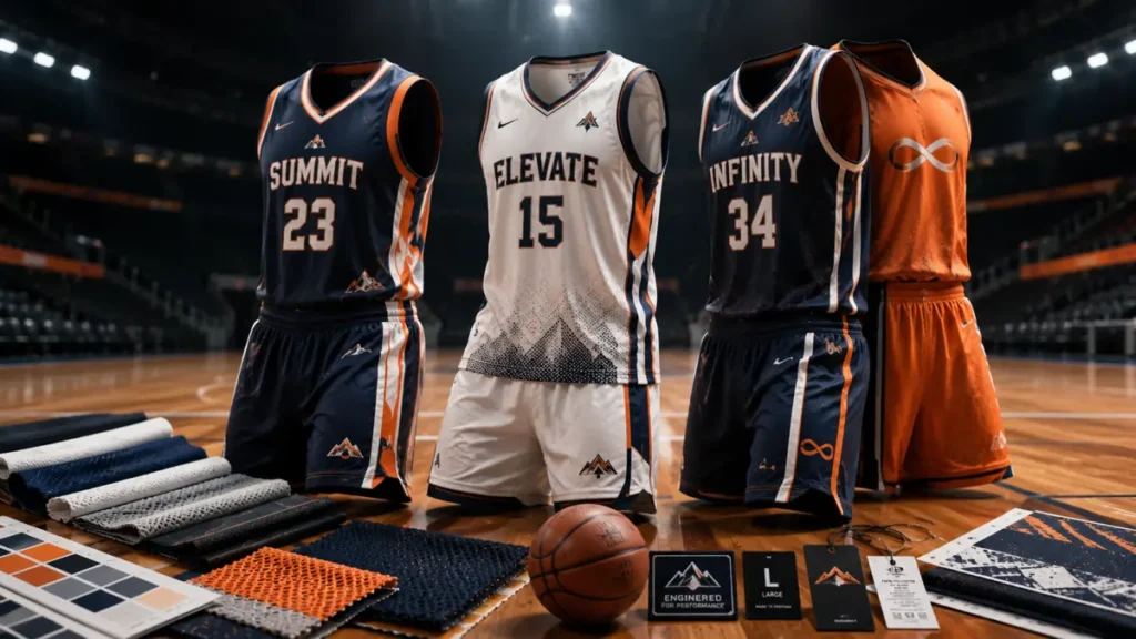 Three premium custom basketball uniforms showcasing breathable performance fabrics, sublimation printing, and OEM manufacturing quality for teams and sports brands.