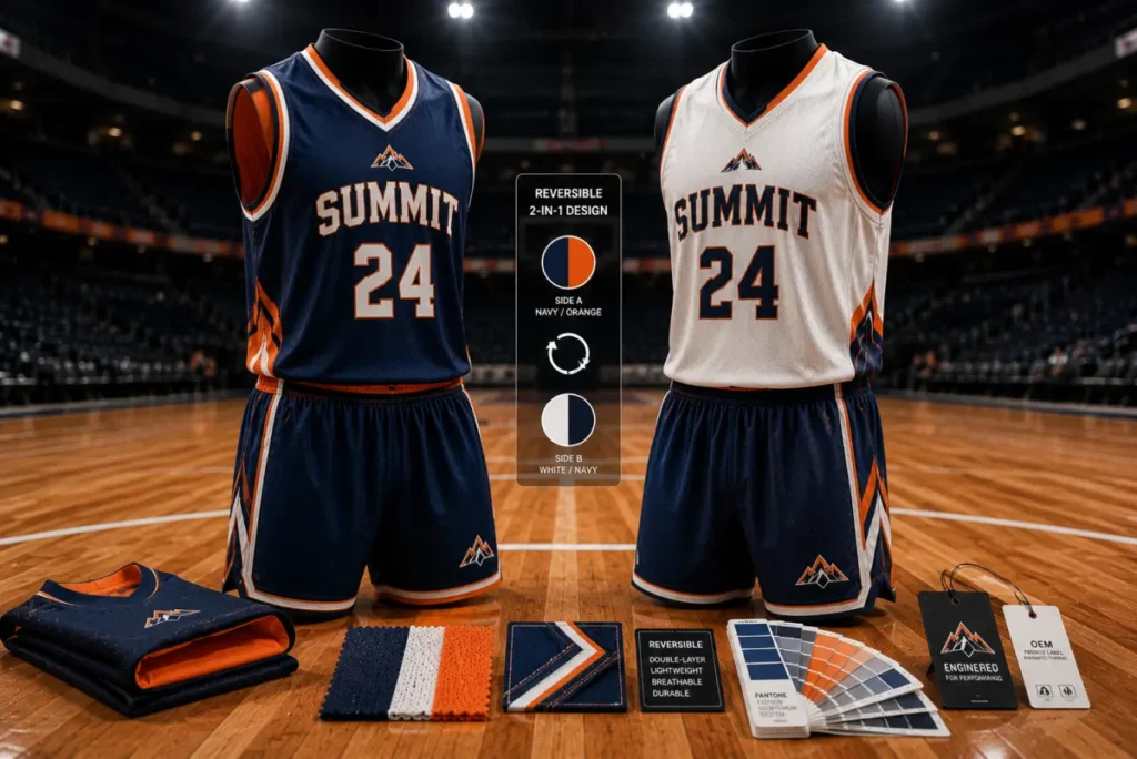 Custom reversible basketball jerseys showing contrasting home and away team designs