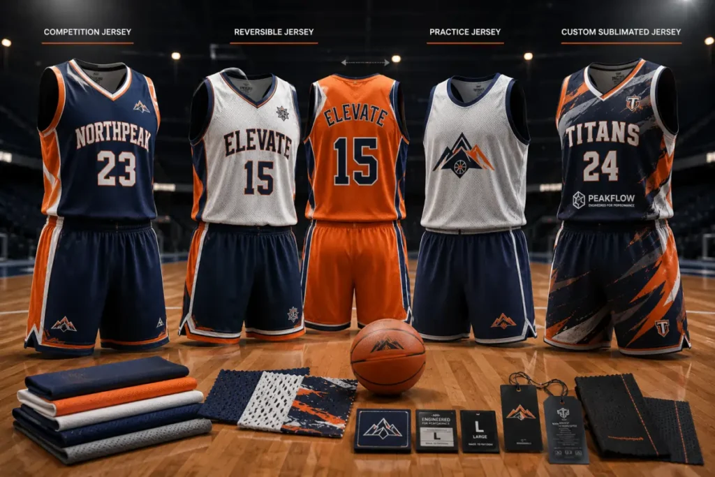 Different types of custom basketball jerseys including competition, reversible, practice and fully sublimated team uniforms manufactured by Friend Brothers Sports.