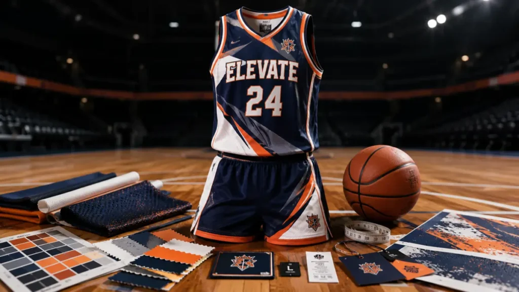 Premium custom basketball jersey and shorts with performance fabric, sublimation printing, and OEM manufacturing details displayed for a basketball buying guide.
