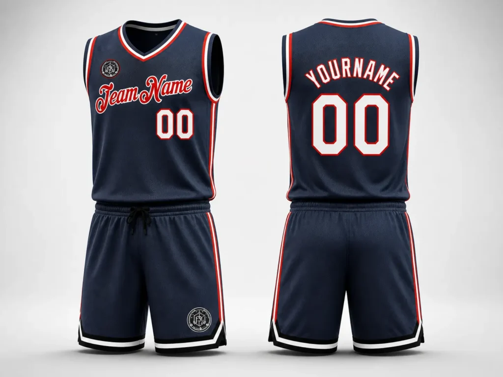 Custom basketball uniforms with jersey and shorts shown in front and back view