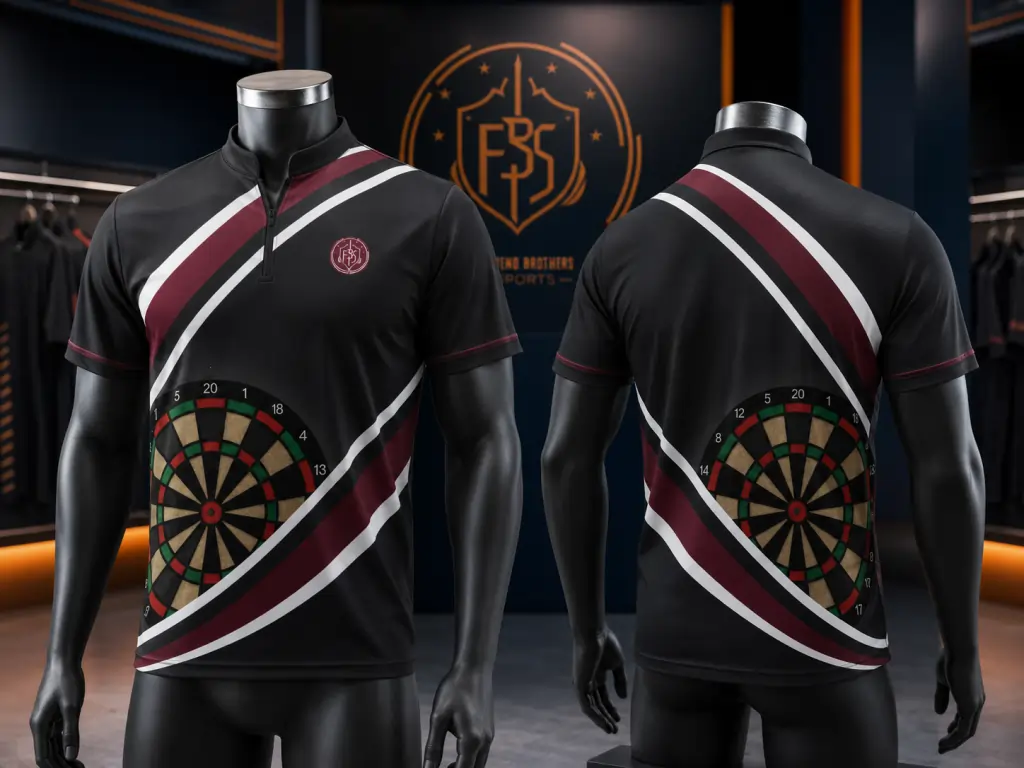 Custom dart shirts with sublimation printing and sponsor branding customization