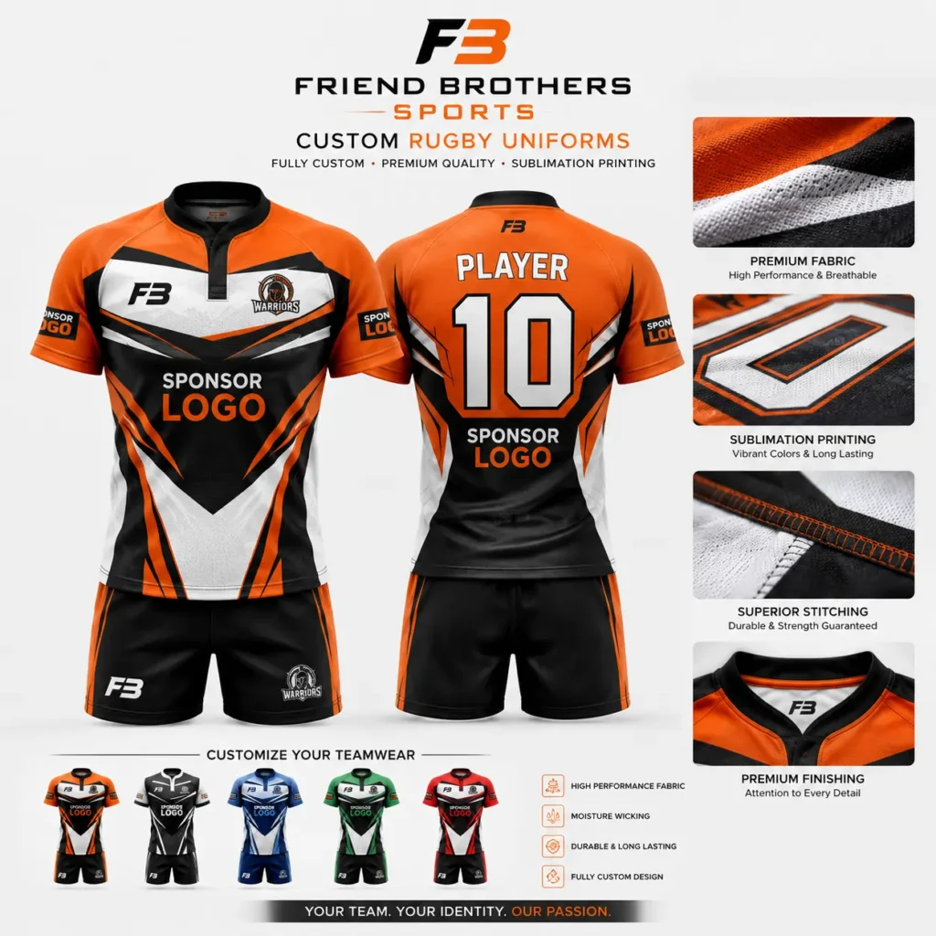 Custom rugby uniforms with sublimation printing, team branding, personalized logos, and full customization options by Friend Brothers Sports