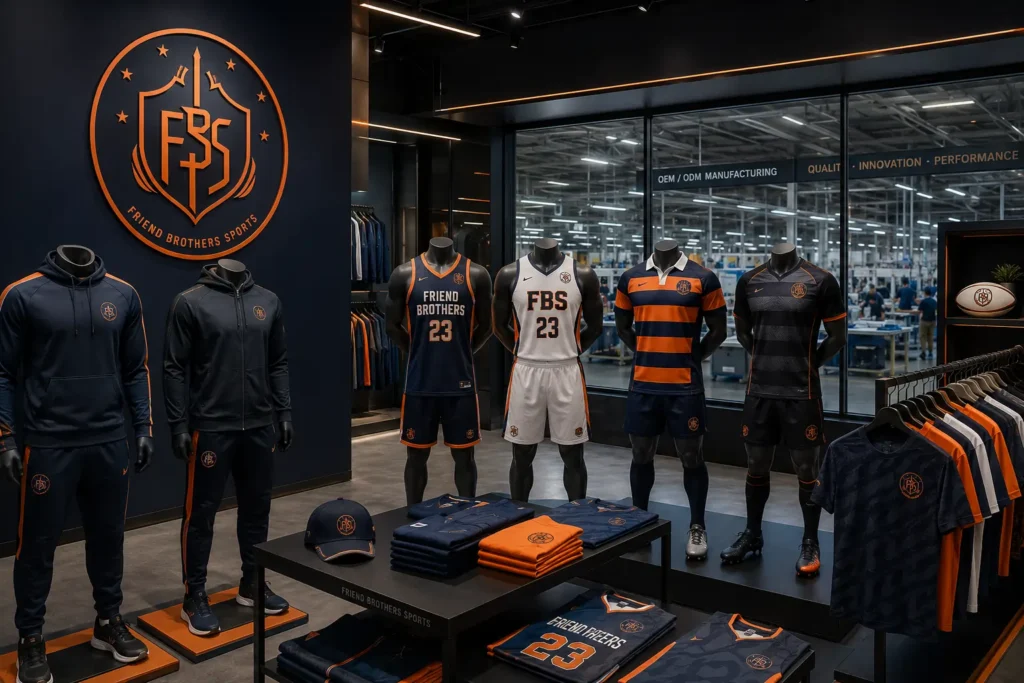 Custom sports apparel manufacturer showcasing team uniforms, jerseys, hoodies, tracksuits, and sublimated sportswear for bulk orders