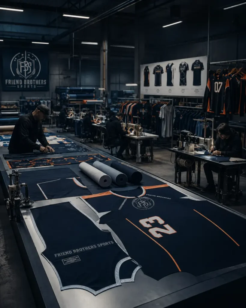 Custom sports uniforms manufacturing process with sublimation printing and teamwear production workflow