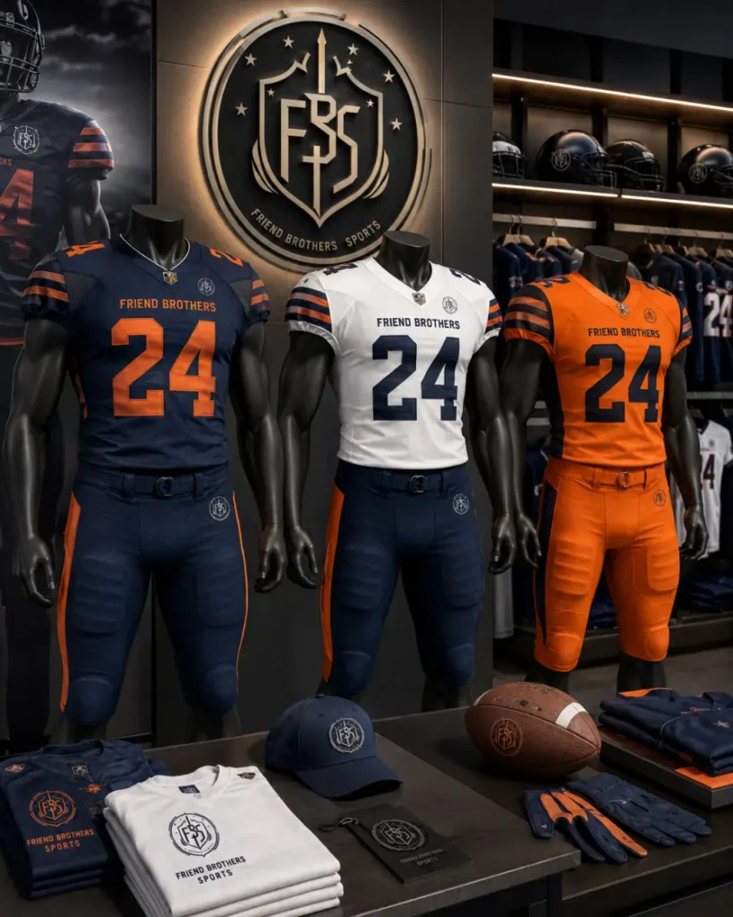 Ultra realistic custom football uniform collection displayed in a premium sportswear showroom featuring sublimated football jerseys, football pants, athletic fabric textures, modern teamwear designs, cinematic lighting, luxury sports apparel presentation, professional OEM manufacturer atmosphere, dark blue and orange accents, ultra detailed stitching and prints.