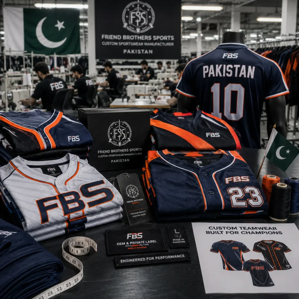 Pakistan-based custom sportswear manufacturing facility showcasing premium team uniforms, precision stitching, folded apparel, and OEM production craftsmanship.