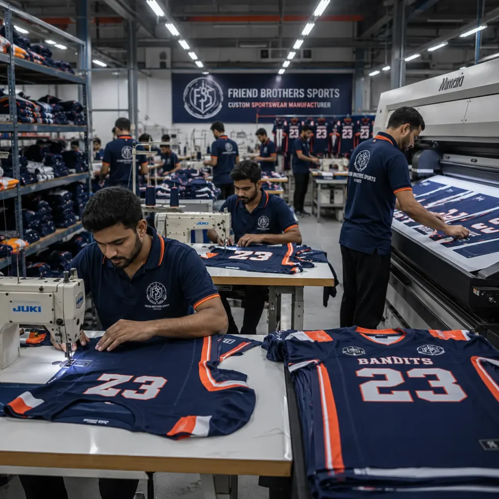 Professional OEM football uniform manufacturing process at Friend Brothers Sports factory with custom sportswear production, sublimation printing, and premium athletic apparel craftsmanship