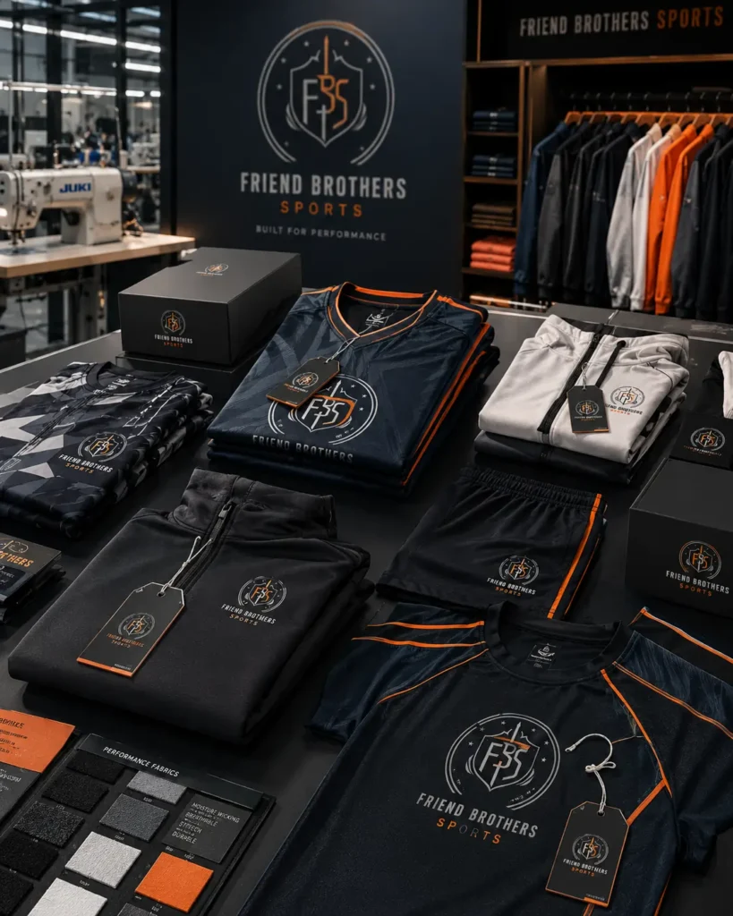Premium OEM sportswear manufacturing featuring custom branding, woven labels, and private label athletic apparel