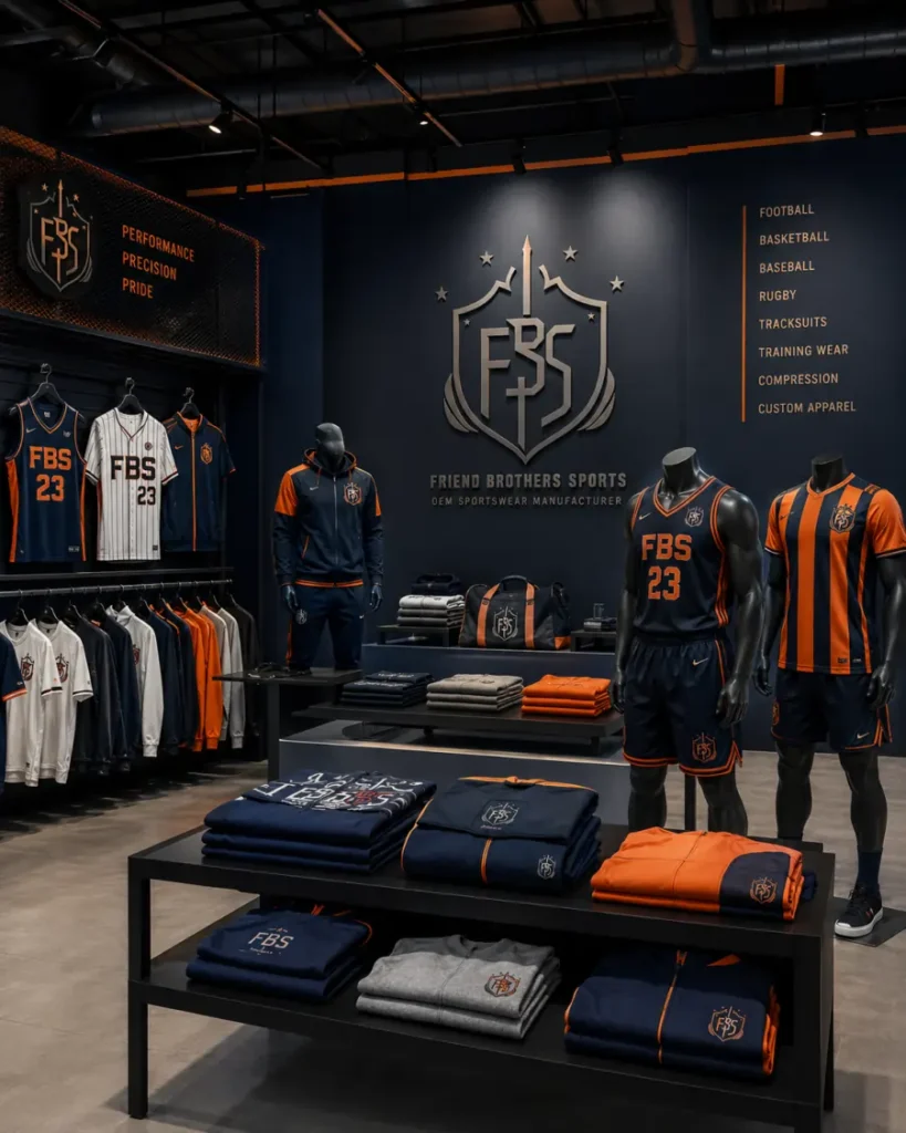 Premium sportswear manufacturing showroom featuring custom uniforms and OEM athletic apparel collections
