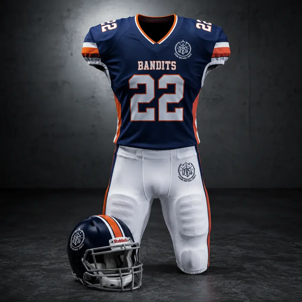 Premium sublimated custom football uniform with professional athletic fabric, breathable mesh panels, and OEM sportswear manufacturing quality