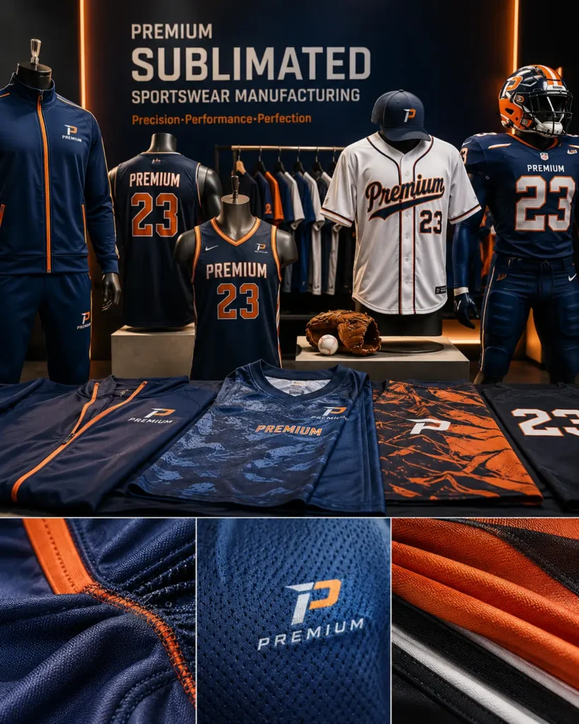 Premium sublimated sportswear manufacturing featuring high-performance athletic fabrics and custom jersey production
