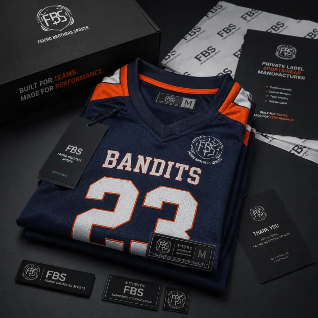 Premium private label football apparel branding presentation with custom sportswear packaging, woven labels, and OEM football uniform manufacturing