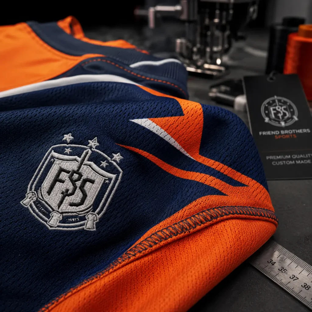 Closeup of premium sportswear stitching, sublimation printing, breathable mesh fabric texture, and professional uniform craftsmanship.