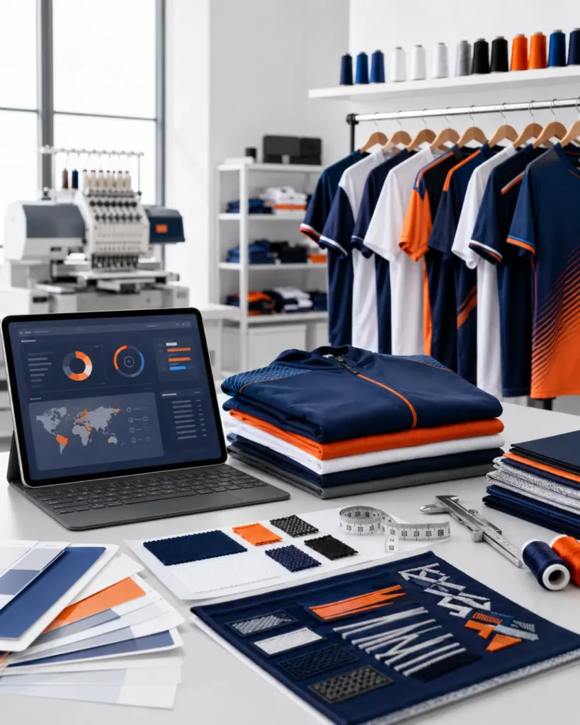 Friend Brothers Sports custom sportswear manufacturer workspace with uniforms, fabric swatches, and production planning