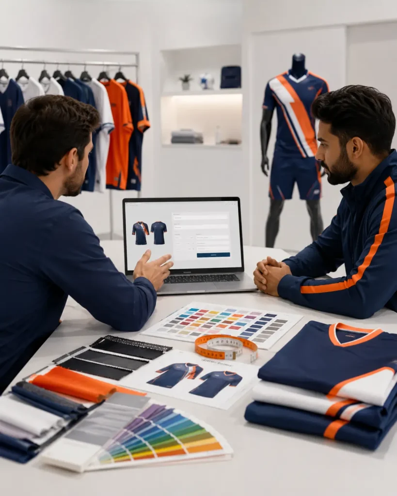 Custom sportswear manufacturer contact setup with uniform mockups, fabric swatches, and quote planning desk