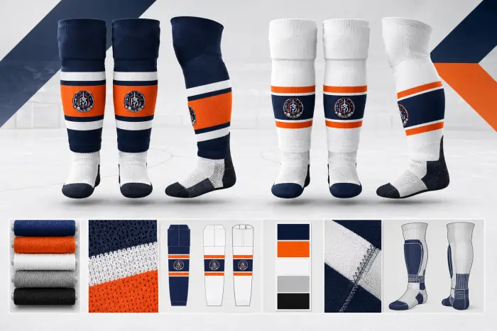 Custom ice hockey socks with matching team colors stripes and performance fabric