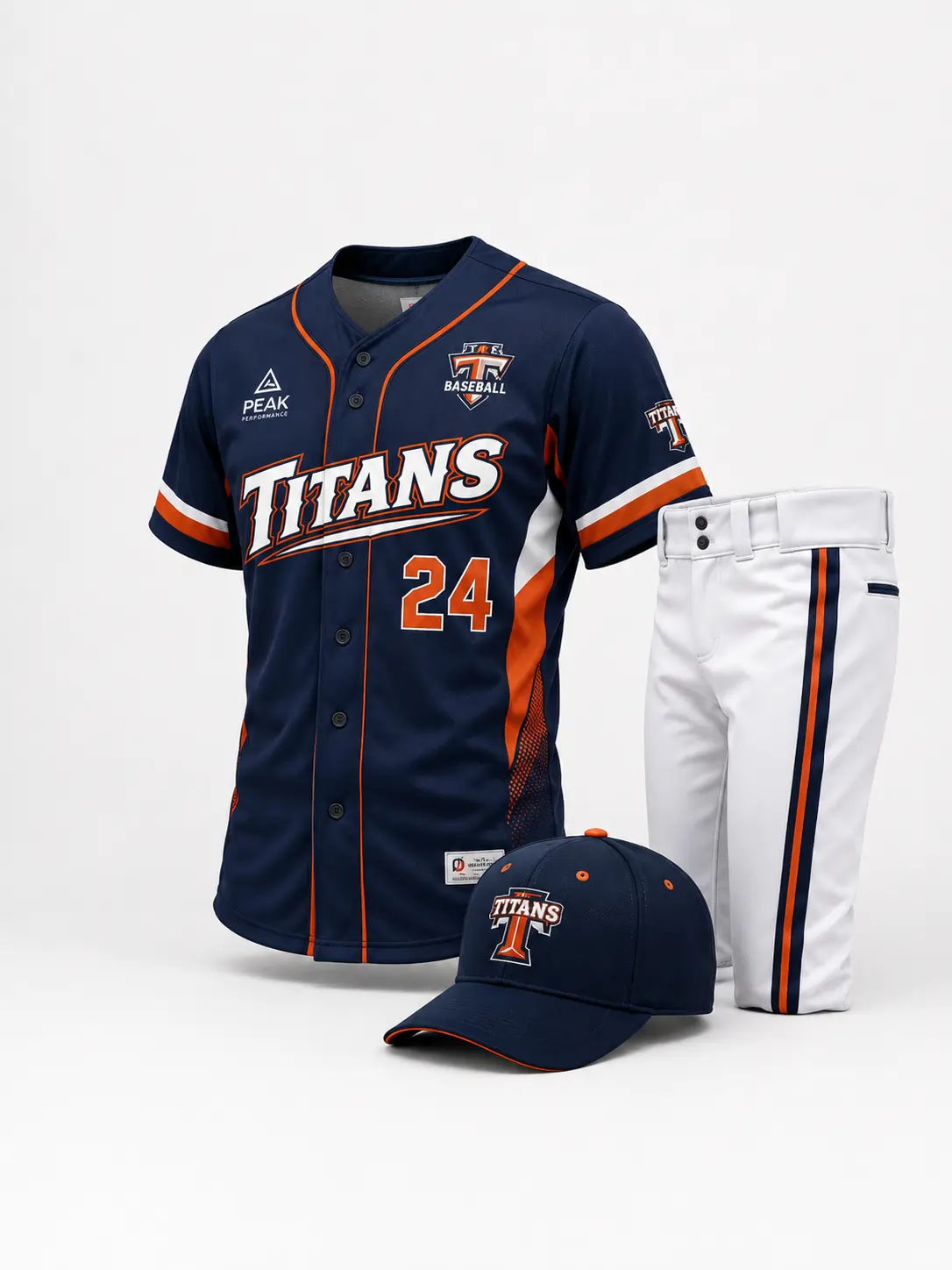 Custom baseball uniforms with jersey, pants, and cap manufactured for teams by Friend Brothers Sports