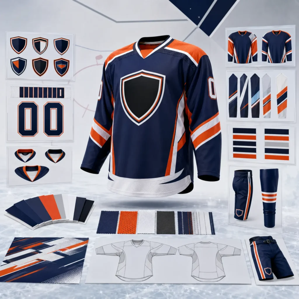 Custom ice hockey uniform design options featuring team logos player names numbers colors fabric swatches and sublimation artwork by Friend Brothers Sports