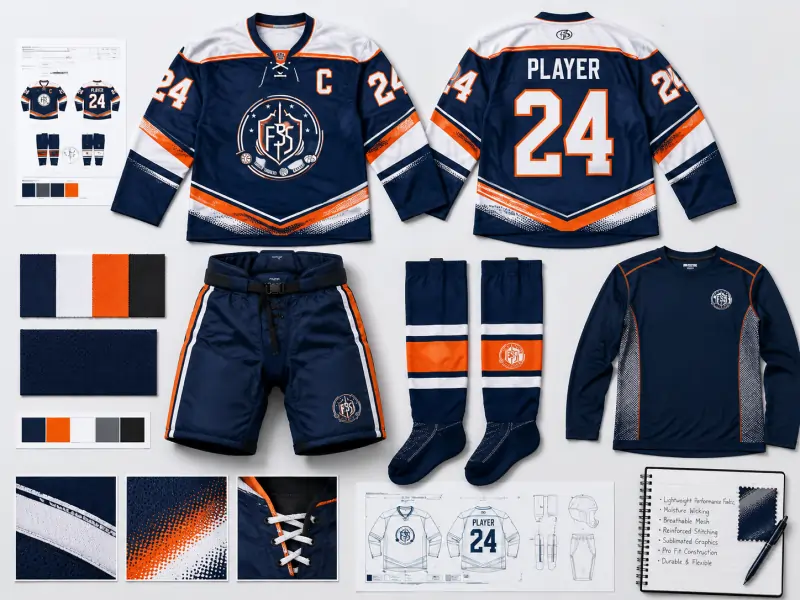 Complete custom hockey uniform set with jersey pants and socks